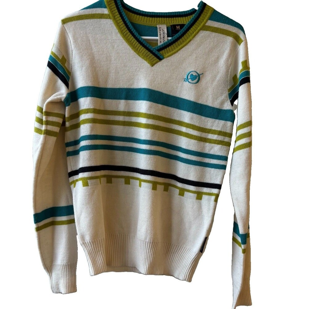 Obermeyer Womens M Ivory Striped Knit V-Neck Long Sleeve Pullover Sweater